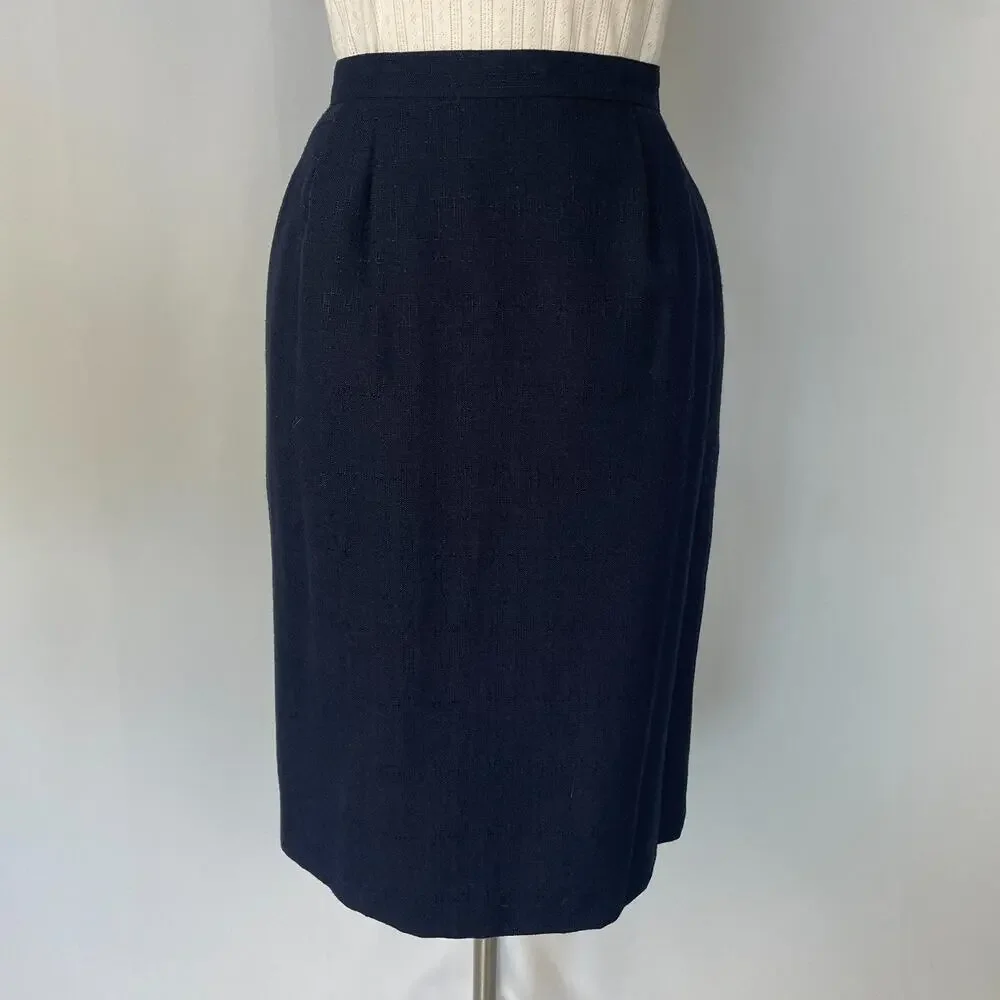Vintage Midi Skirt Size 10 Navy Blue Minimal Secretary Retro High Rise 80s 90s